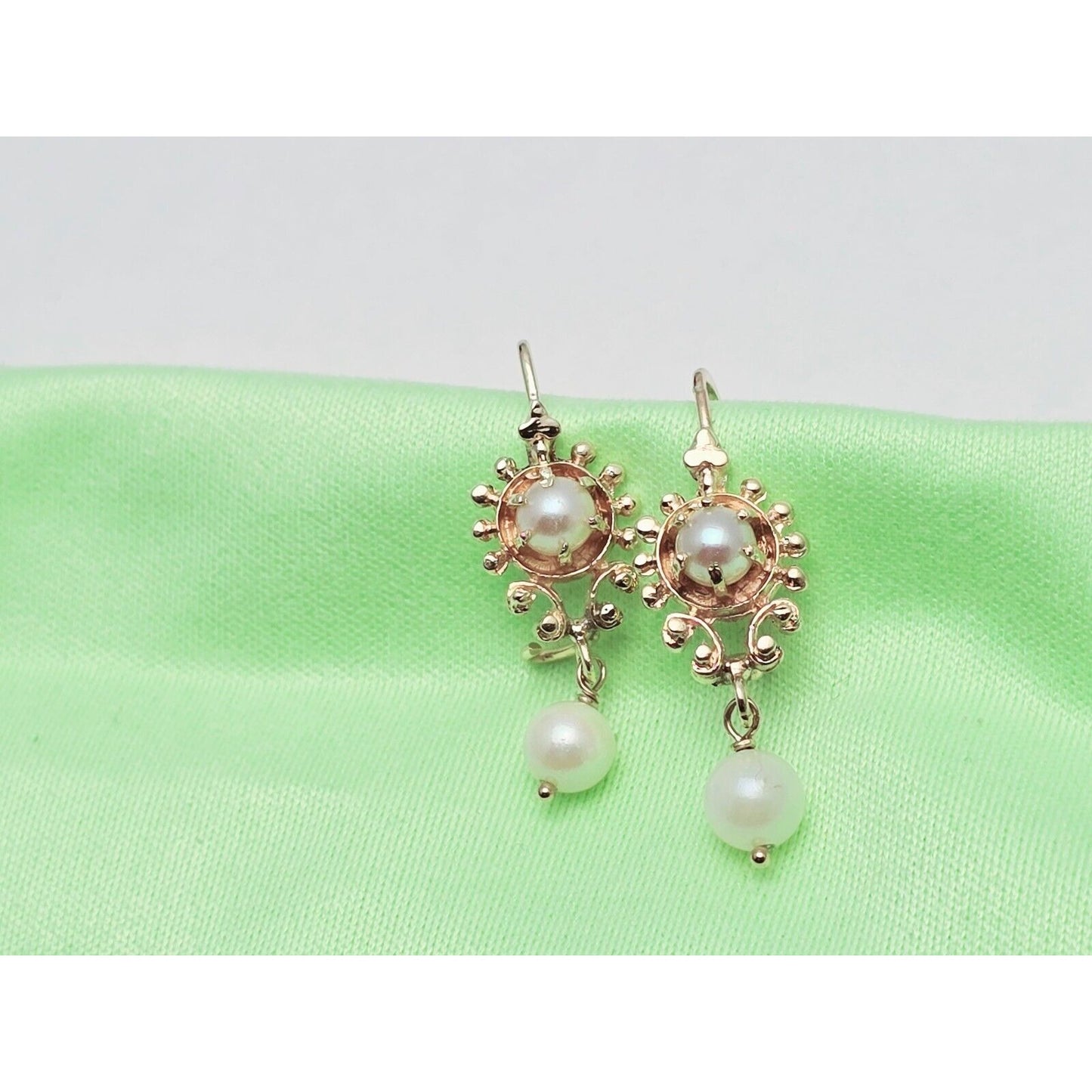 14K Yellow Gold Drop Dangle French Clip Pearl Earrings