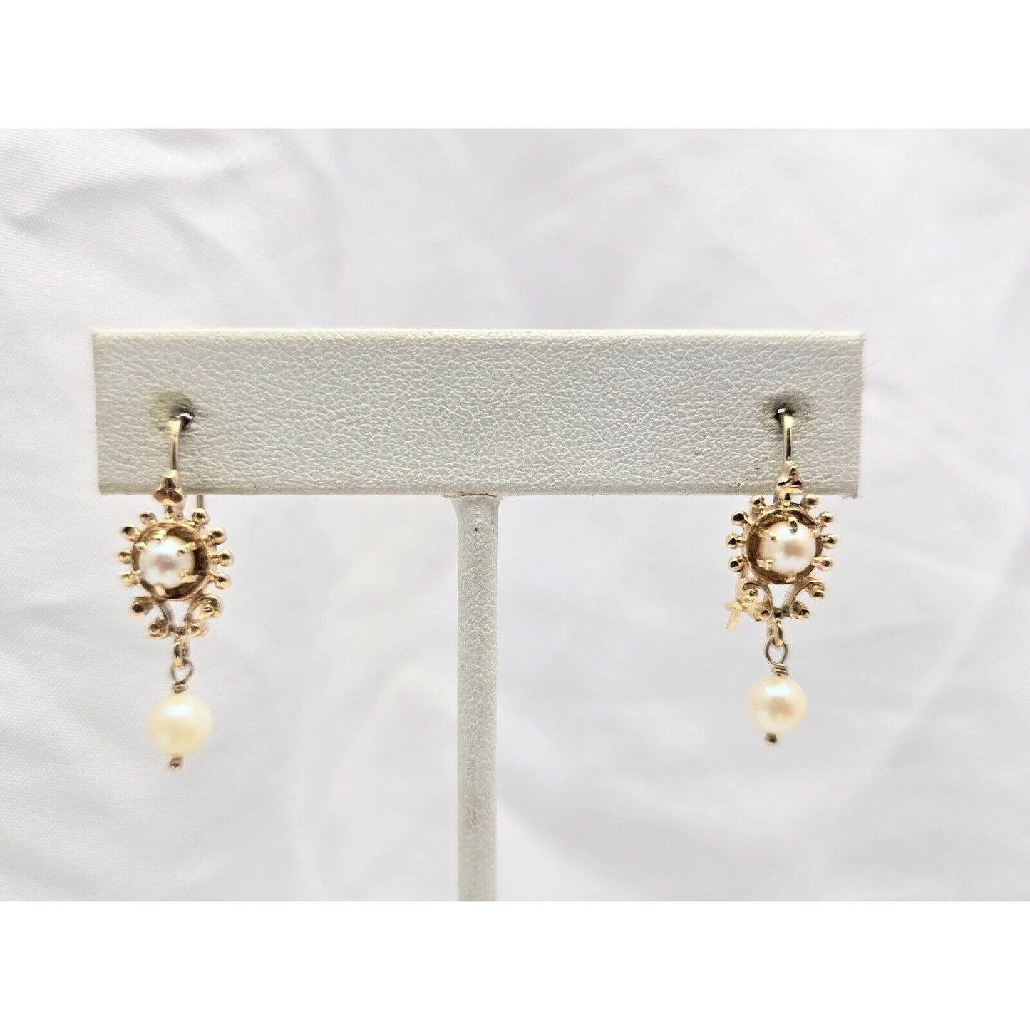 14K Yellow Gold Drop Dangle French Clip Pearl Earrings