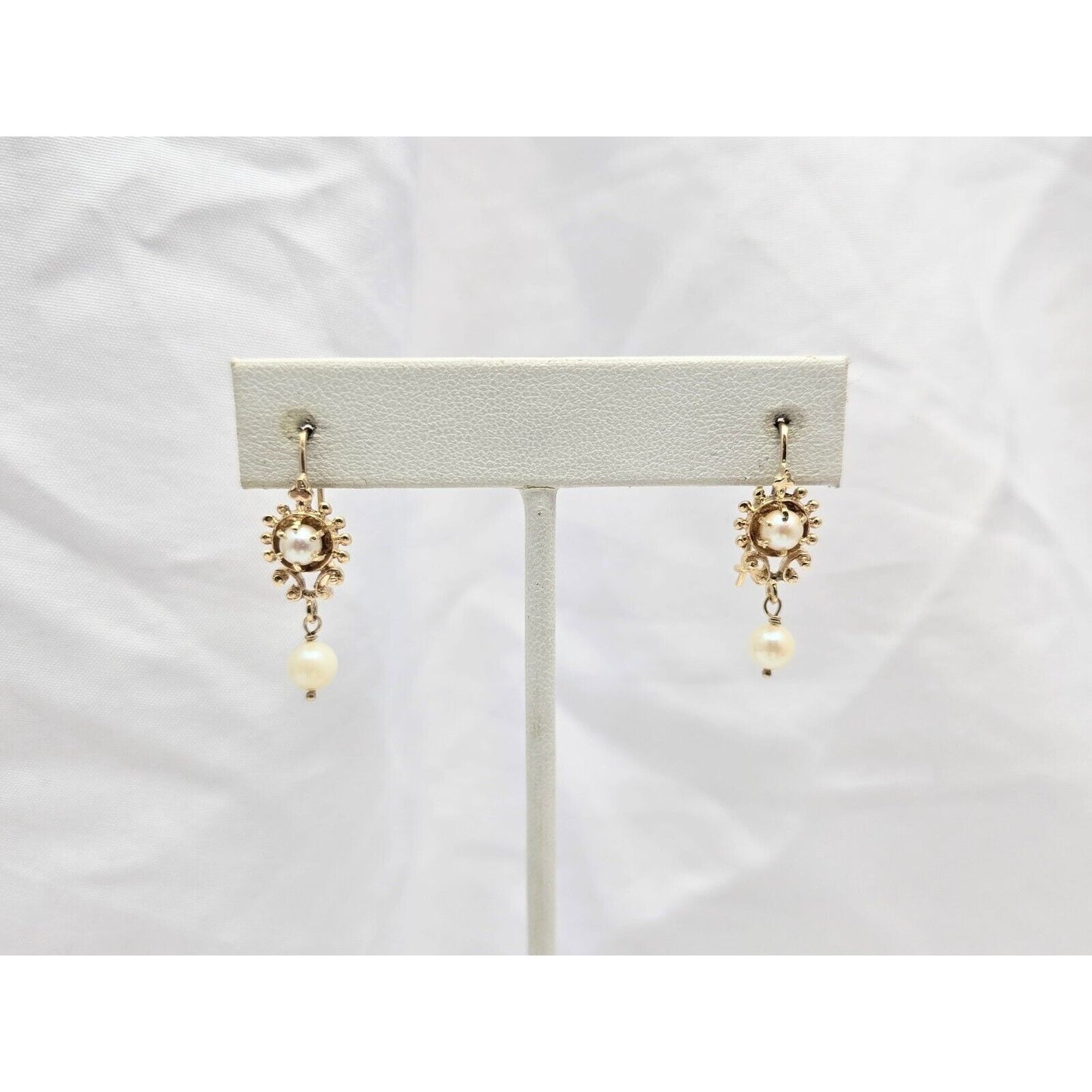 14K Yellow Gold Drop Dangle French Clip Pearl Earrings