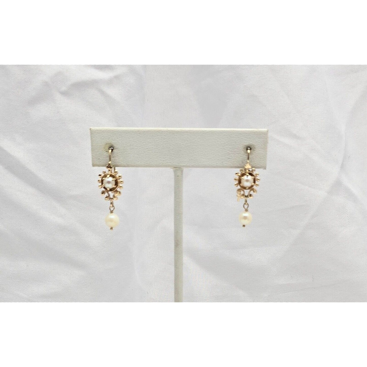 14K Yellow Gold Drop Dangle French Clip Pearl Earrings