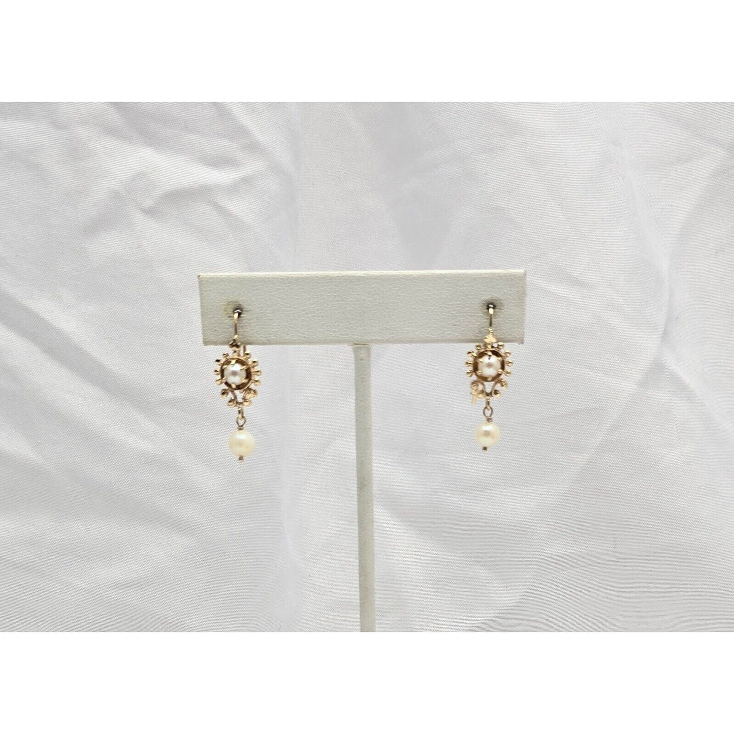 14K Yellow Gold Drop Dangle French Clip Pearl Earrings