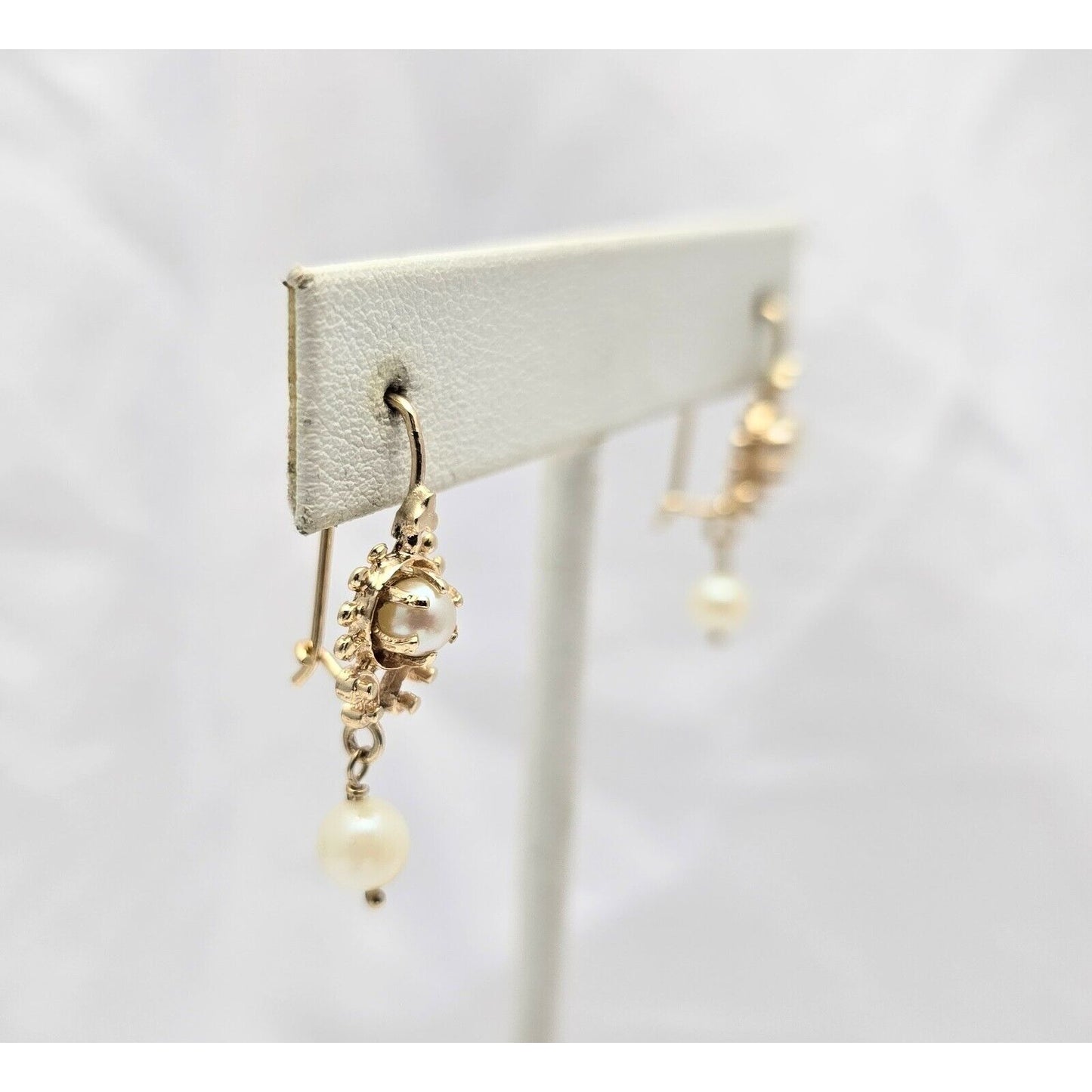 14K Yellow Gold Drop Dangle French Clip Pearl Earrings