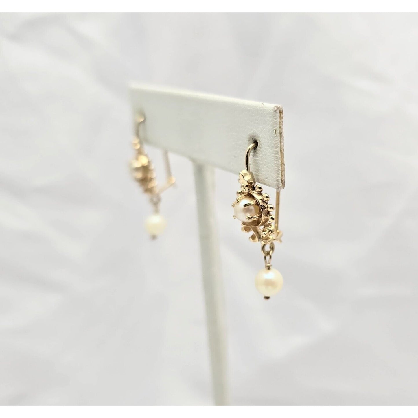 14K Yellow Gold Drop Dangle French Clip Pearl Earrings