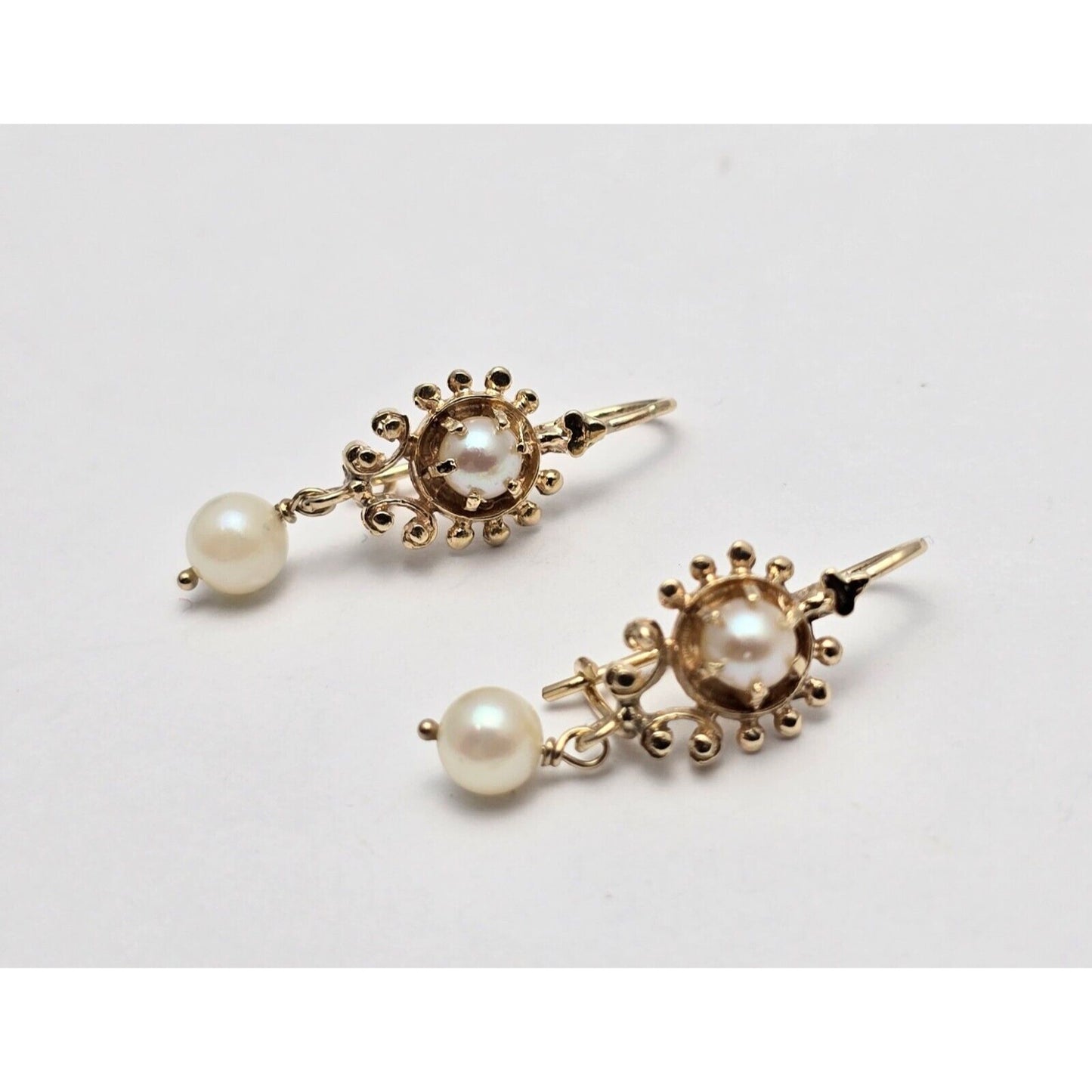 14K Yellow Gold Drop Dangle French Clip Pearl Earrings