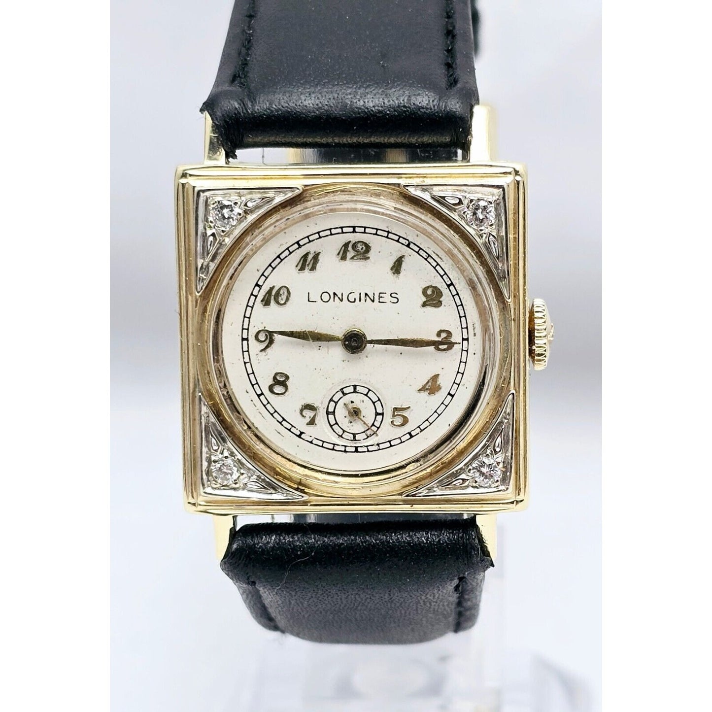 Vintage Two Tone Longines 8LN 17J 14K Gold Diamond Manual Wind Leather Watch