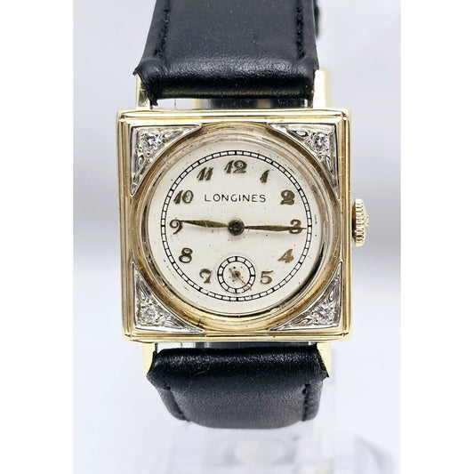 Vintage Two Tone Longines 8LN 17J 14K Gold Diamond Manual Wind Leather Watch