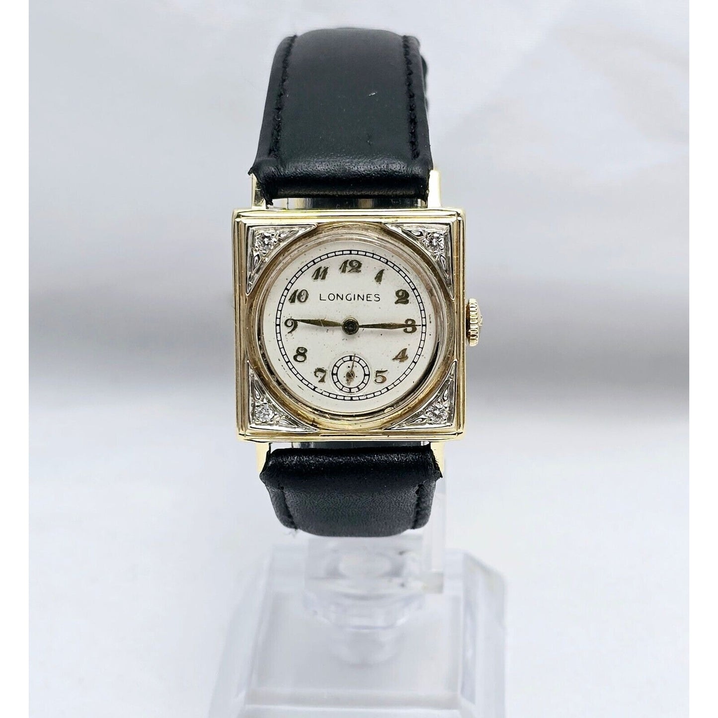 Vintage Two Tone Longines 8LN 17J 14K Gold Diamond Manual Wind Leather Watch