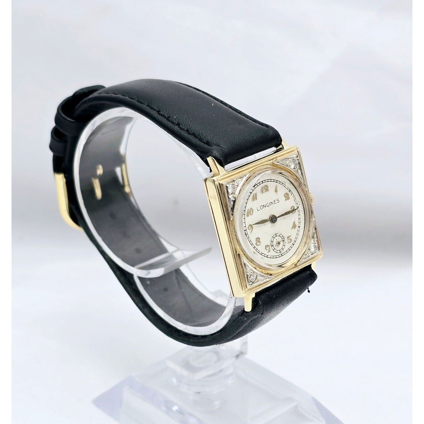 Vintage Two Tone Longines 8LN 17J 14K Gold Diamond Manual Wind Leather Watch
