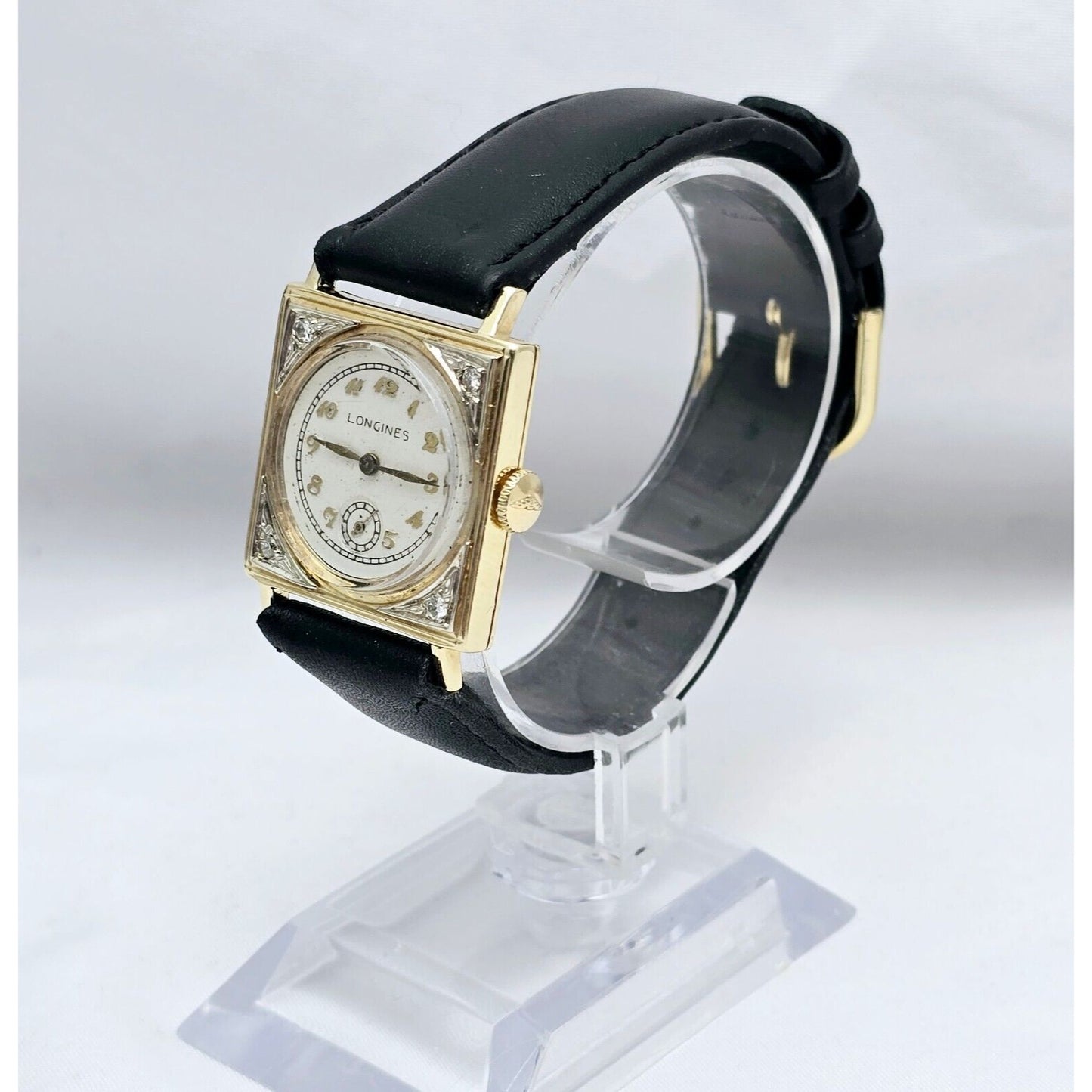 Vintage Two Tone Longines 8LN 17J 14K Gold Diamond Manual Wind Leather Watch