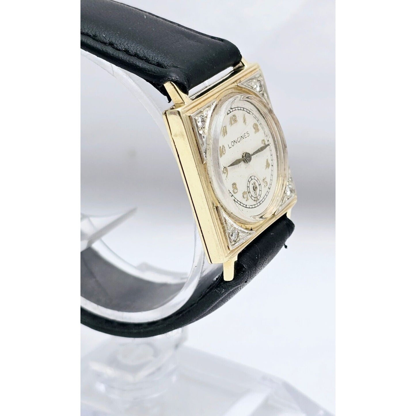 Vintage Two Tone Longines 8LN 17J 14K Gold Diamond Manual Wind Leather Watch