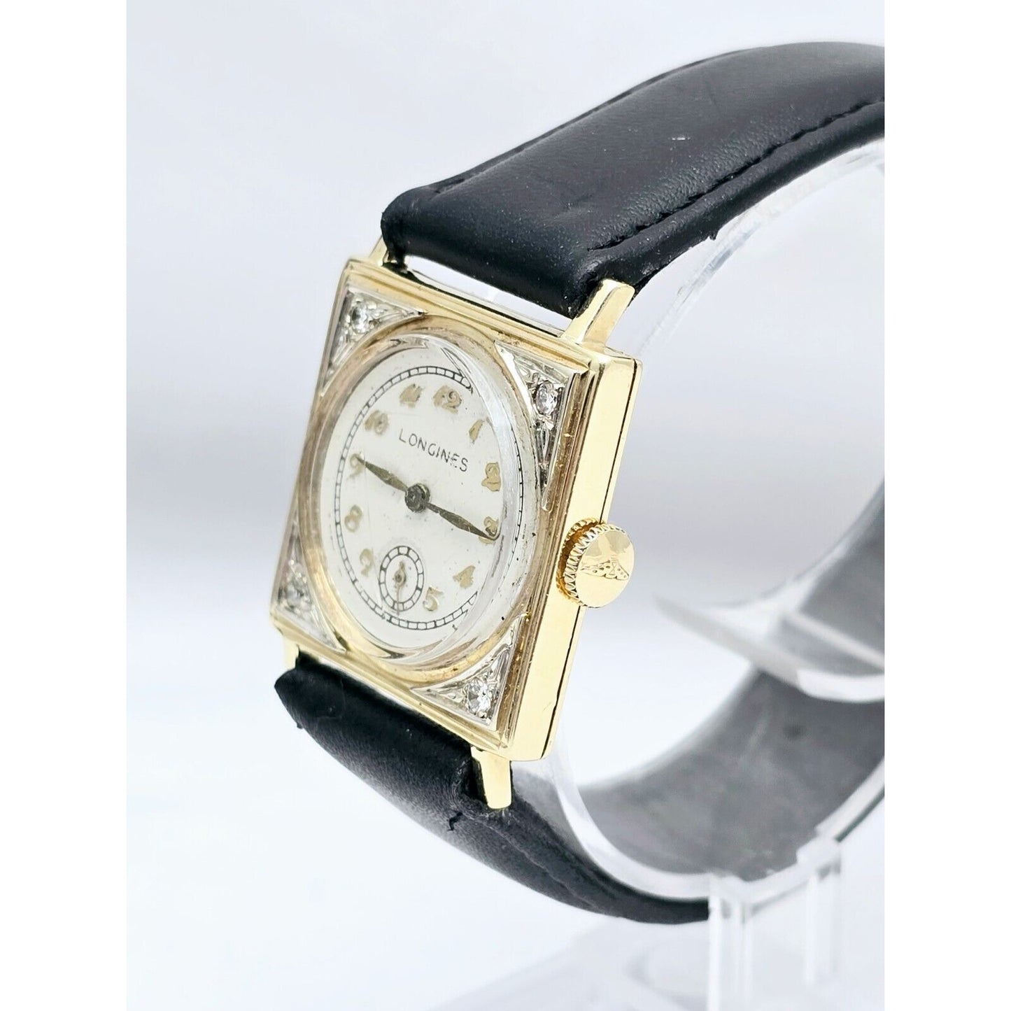Vintage Two Tone Longines 8LN 17J 14K Gold Diamond Manual Wind Leather Watch