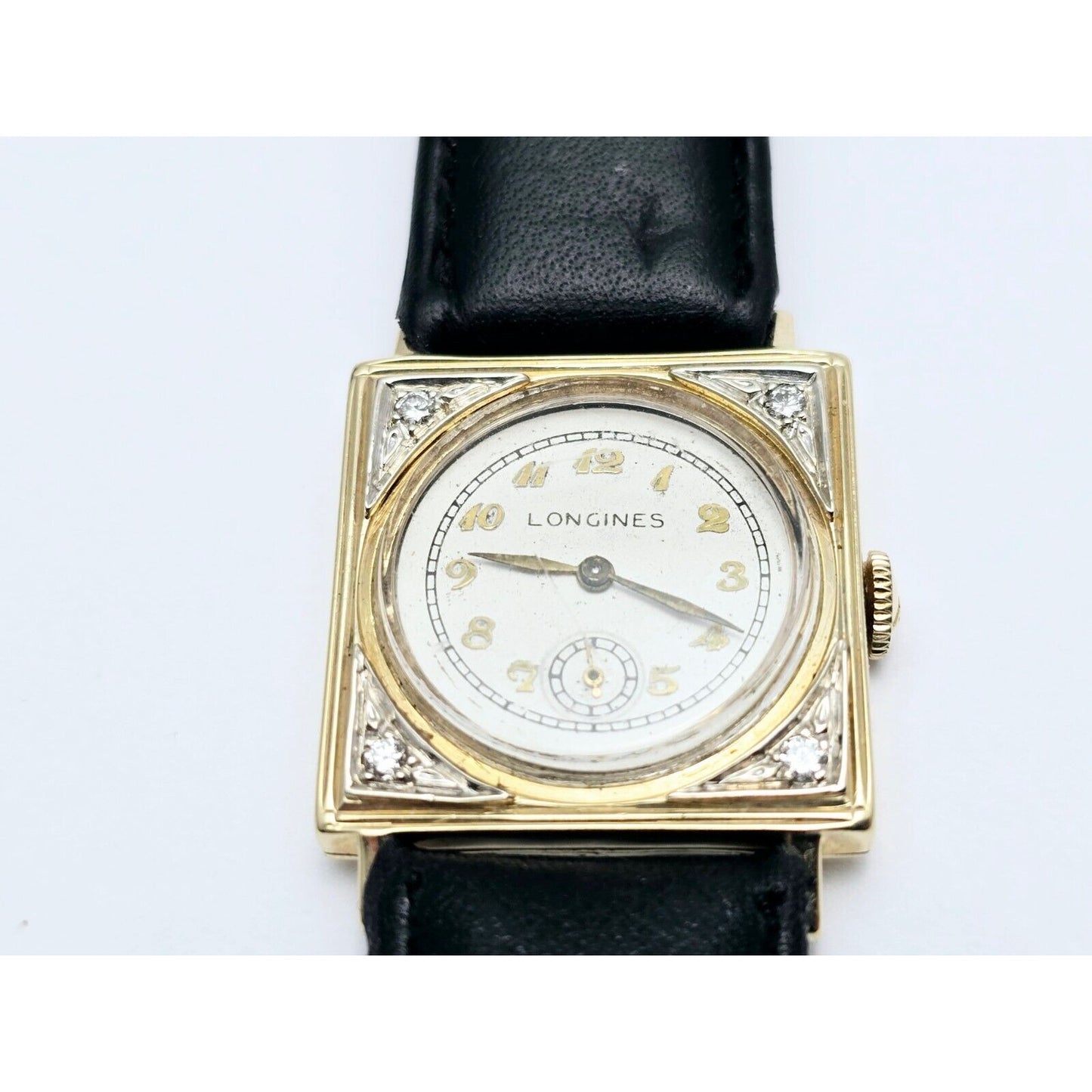 Vintage Two Tone Longines 8LN 17J 14K Gold Diamond Manual Wind Leather Watch