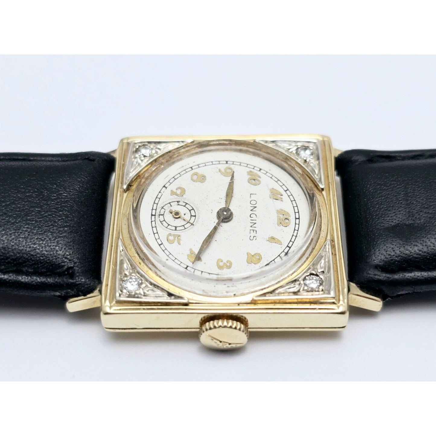 Vintage Two Tone Longines 8LN 17J 14K Gold Diamond Manual Wind Leather Watch