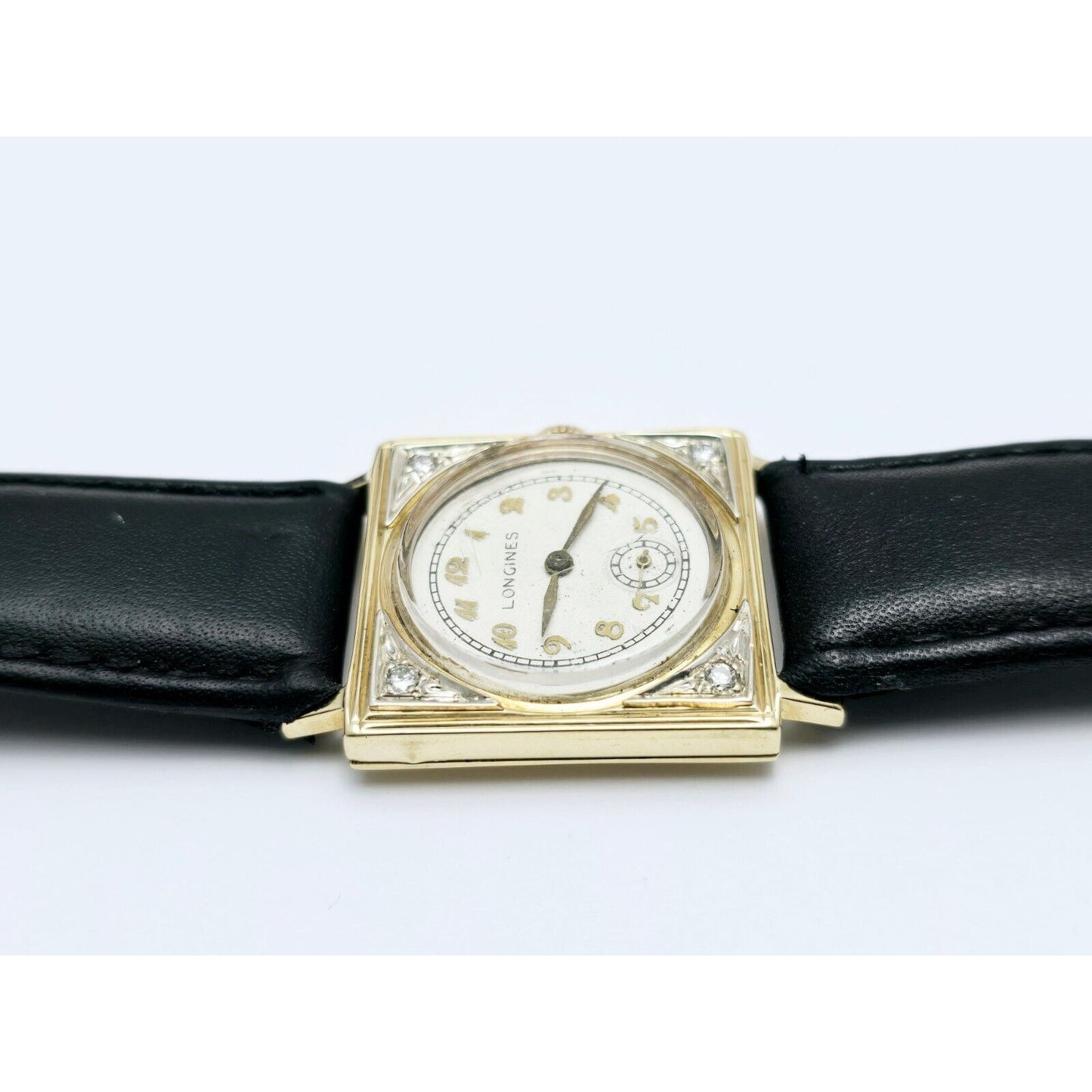 Vintage Two Tone Longines 8LN 17J 14K Gold Diamond Manual Wind Leather Watch