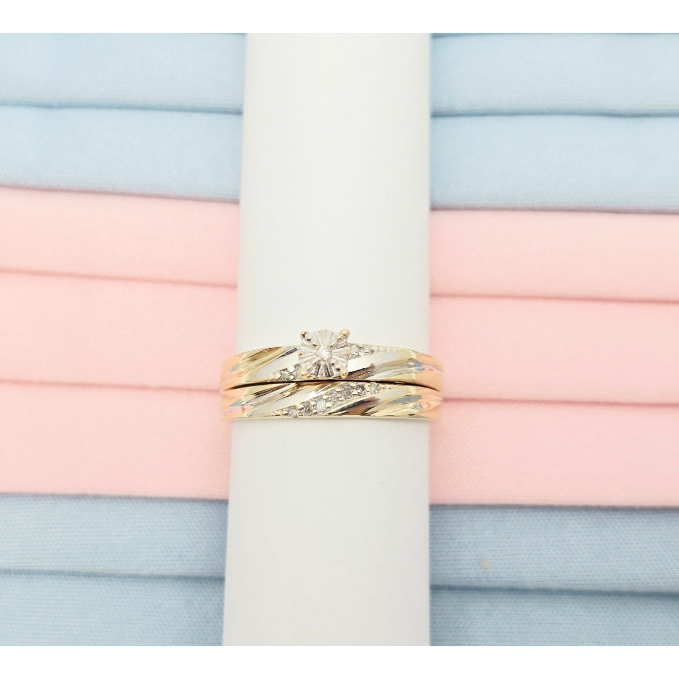 14K Two Tone Gold Ladies Wedding Solitaire Diamond Ring & Band Set