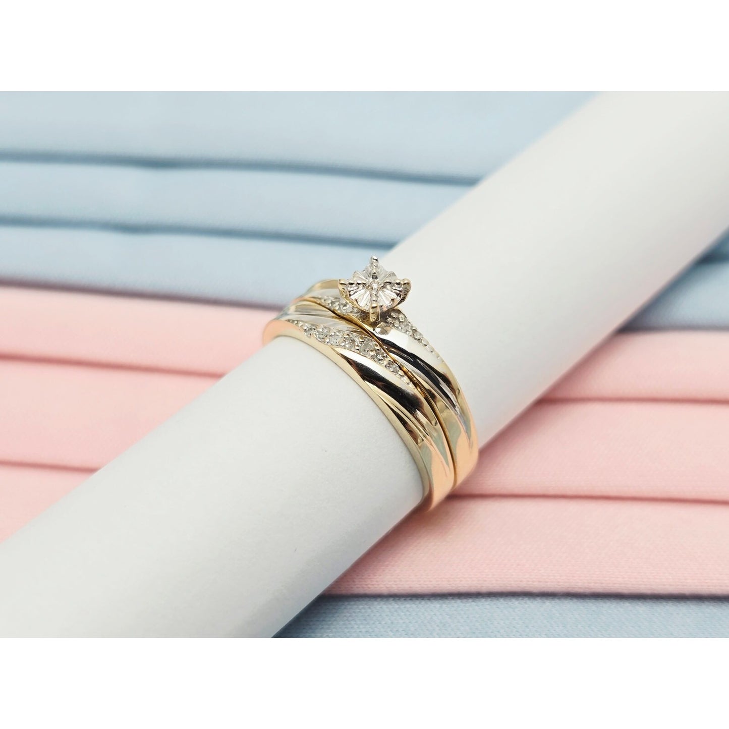 14K Two Tone Gold Ladies Wedding Solitaire Diamond Ring & Band Set