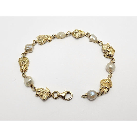 18K Yellow Gold Nugget & Pearl Link Bracelet