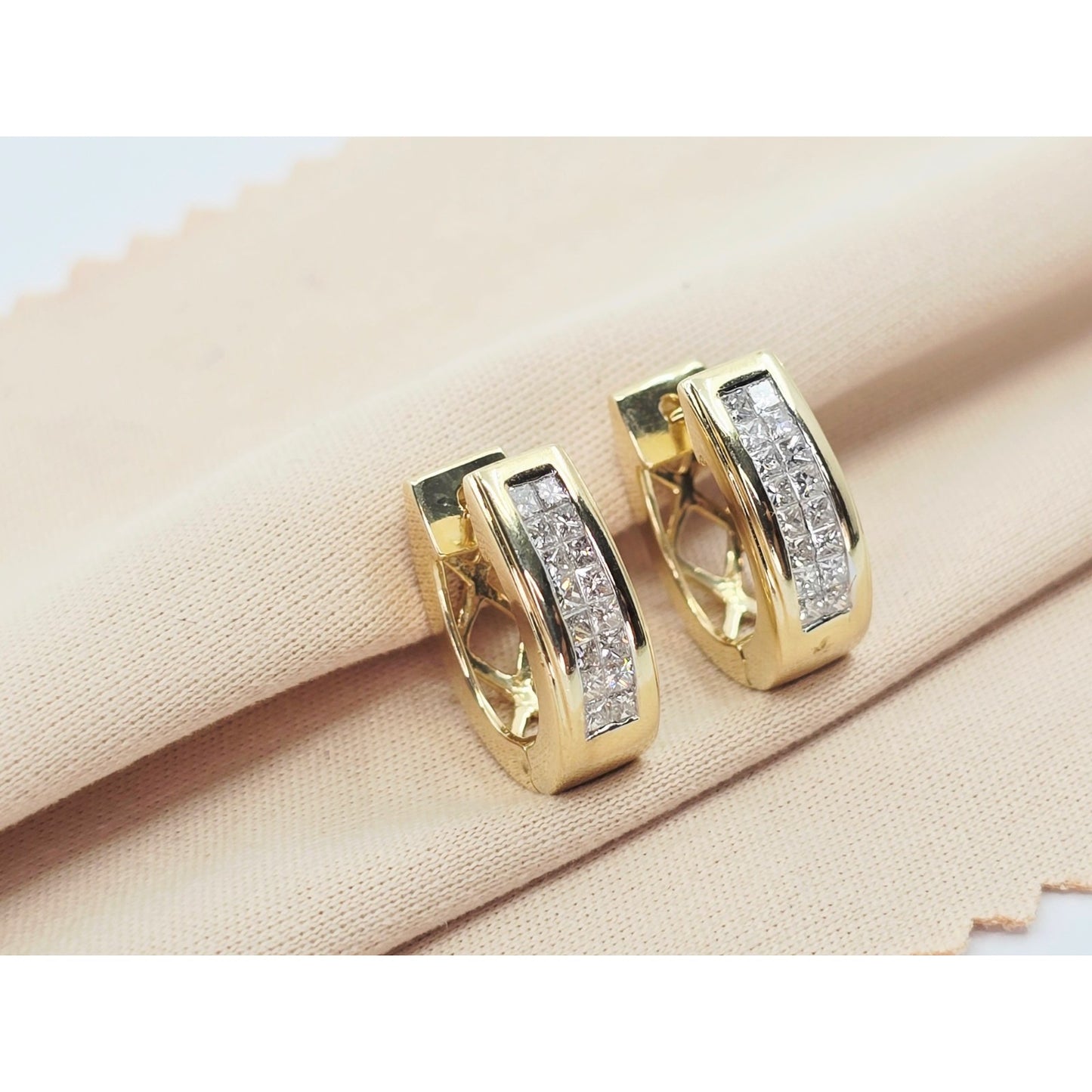 14K Yellow Gold Princess Cut Diamond Hinged Half Hoop Earrings