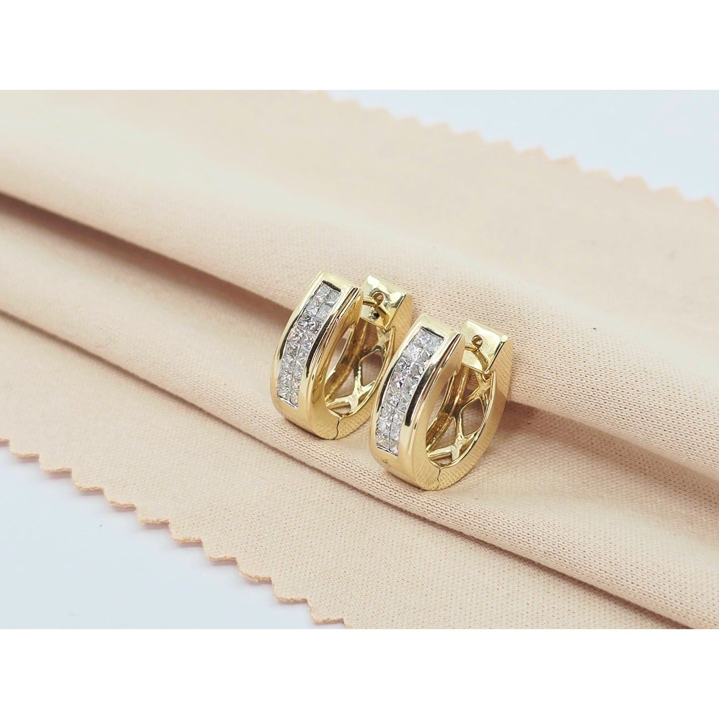 14K Yellow Gold Princess Cut Diamond Hinged Half Hoop Earrings