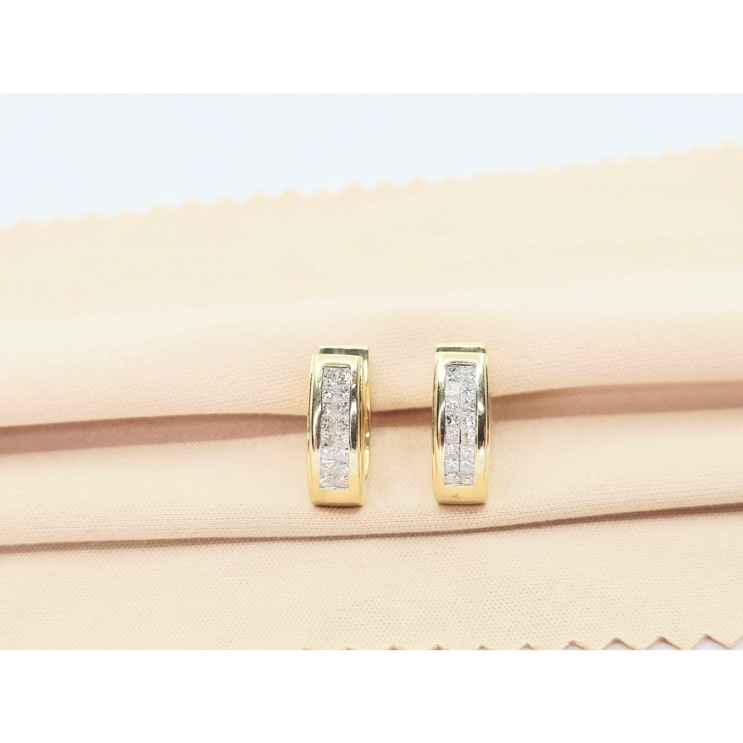 14K Yellow Gold Princess Cut Diamond Hinged Half Hoop Earrings