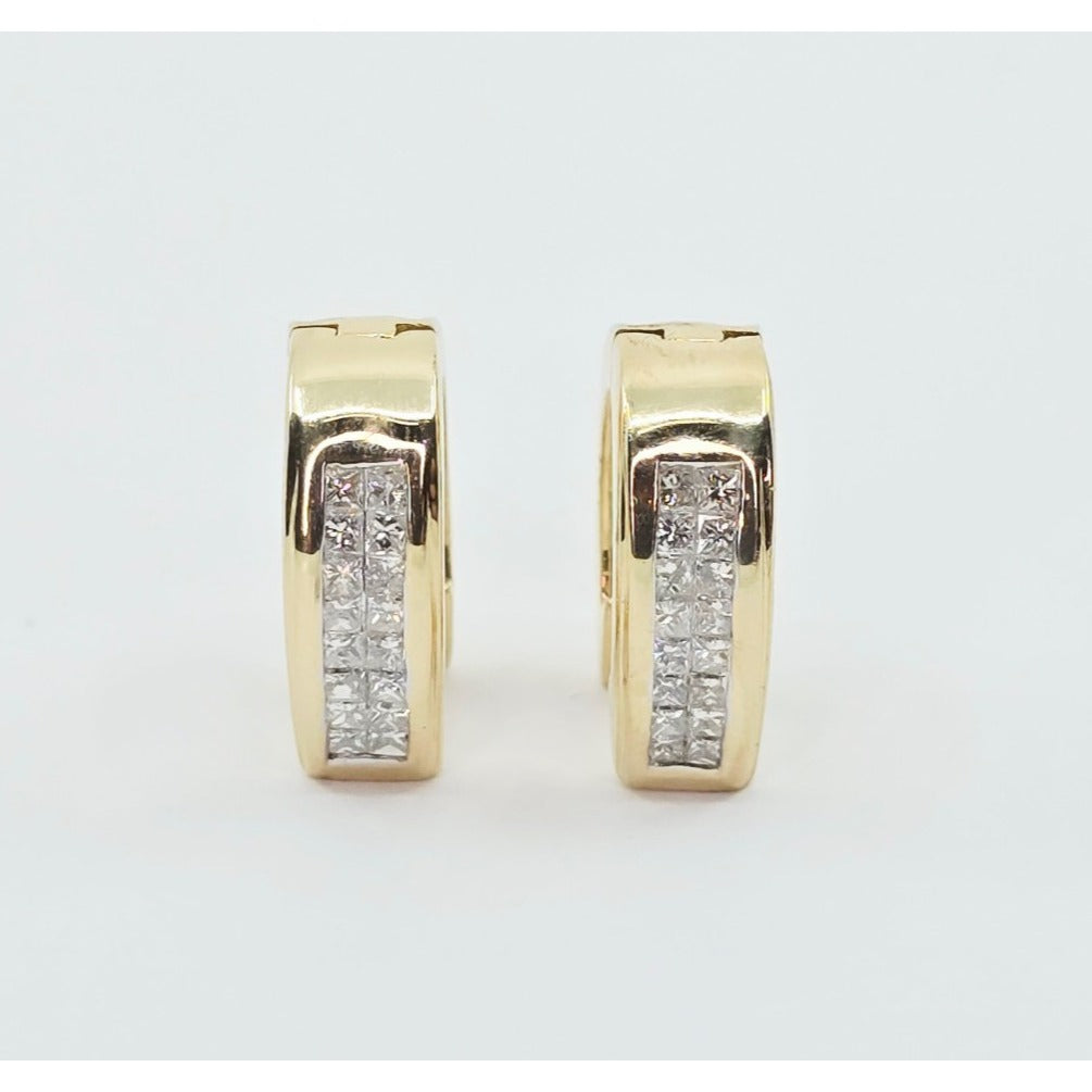 14K Yellow Gold Princess Cut Diamond Hinged Half Hoop Earrings