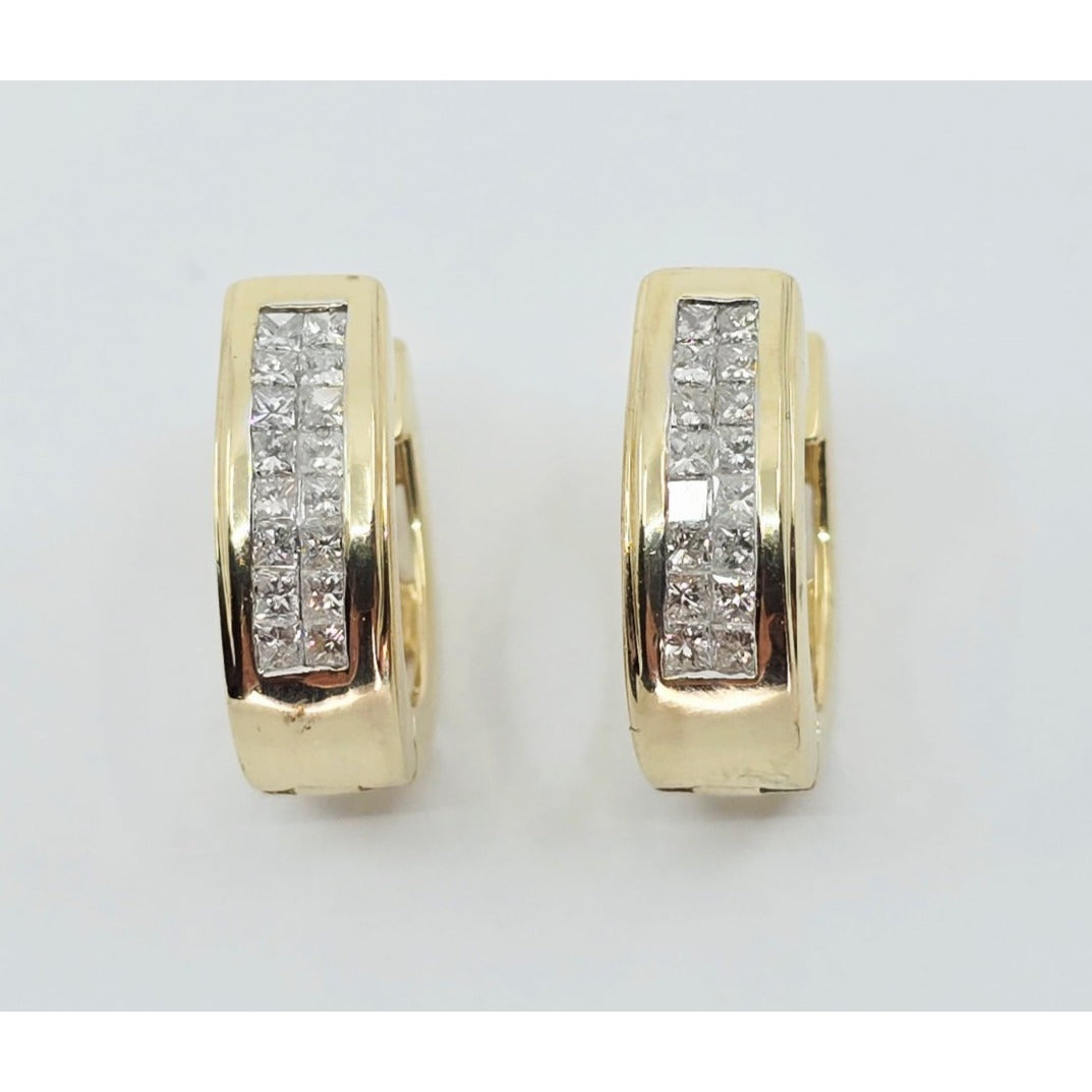 14K Yellow Gold Princess Cut Diamond Hinged Half Hoop Earrings