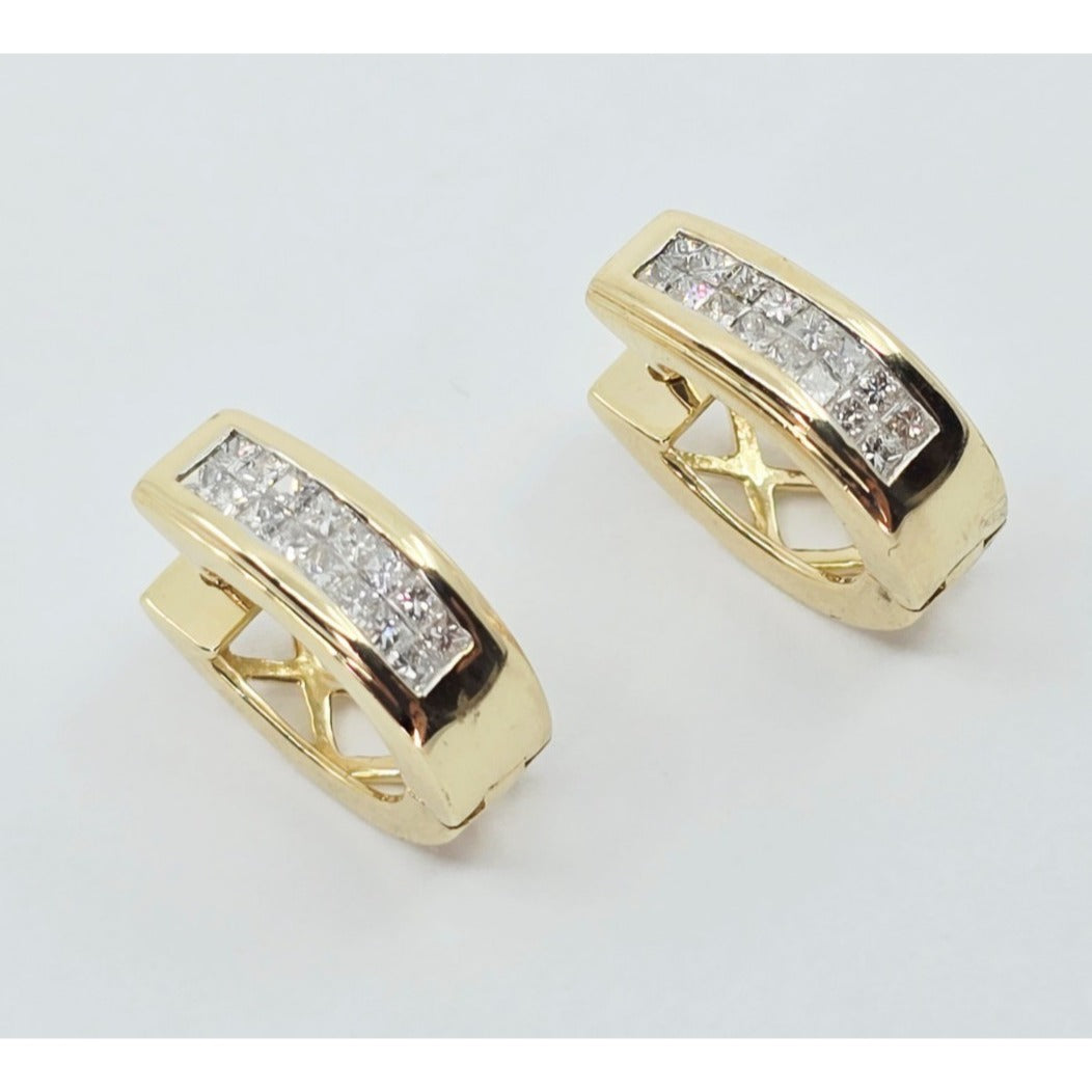 14K Yellow Gold Princess Cut Diamond Hinged Half Hoop Earrings