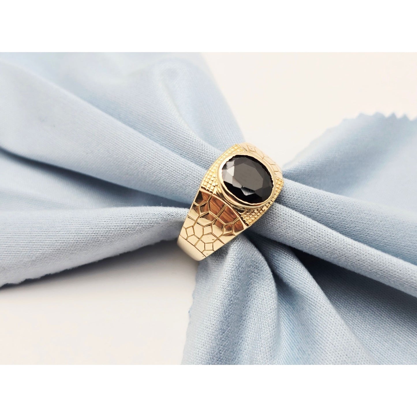 14K Yellow Gold Men's Oval Cut Onyx Nugget Ring