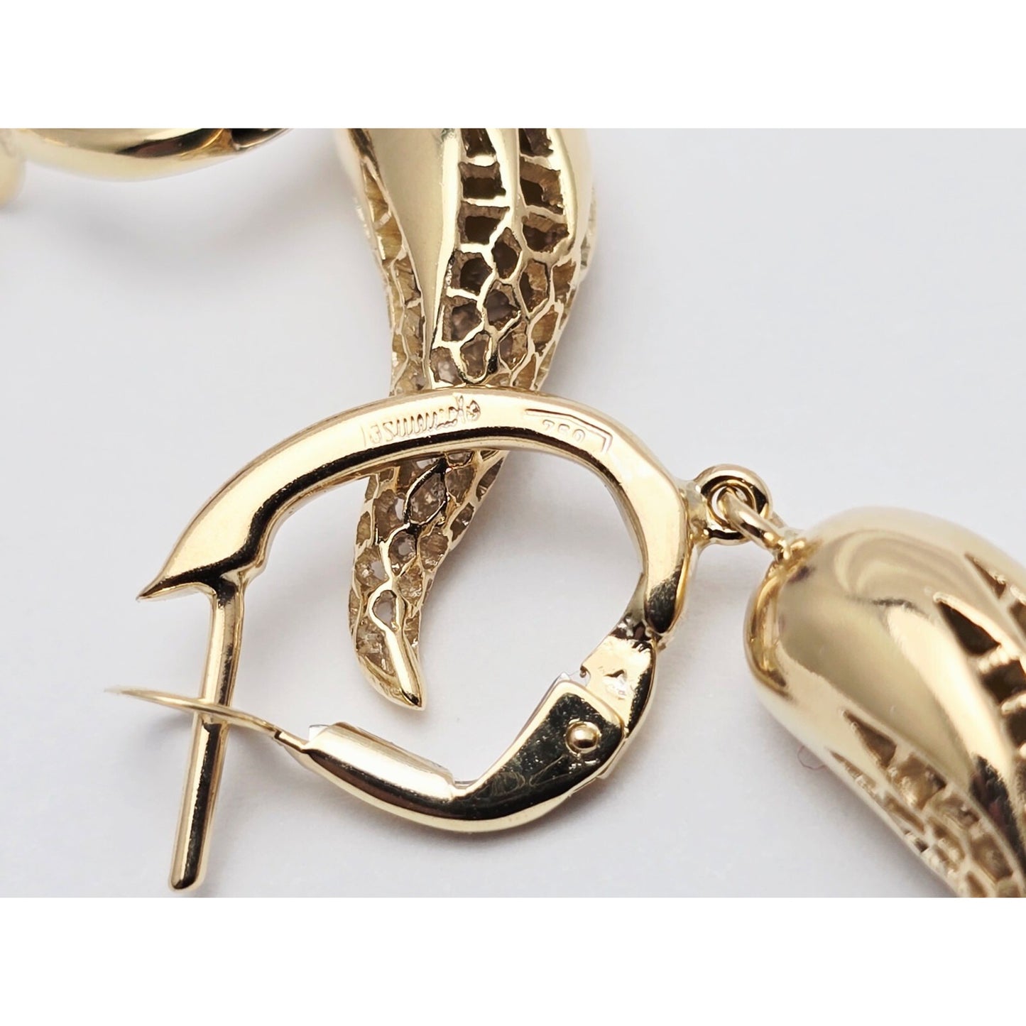 18K Yellow Gold Italian Horn Drop Dangle French Clip Earrings