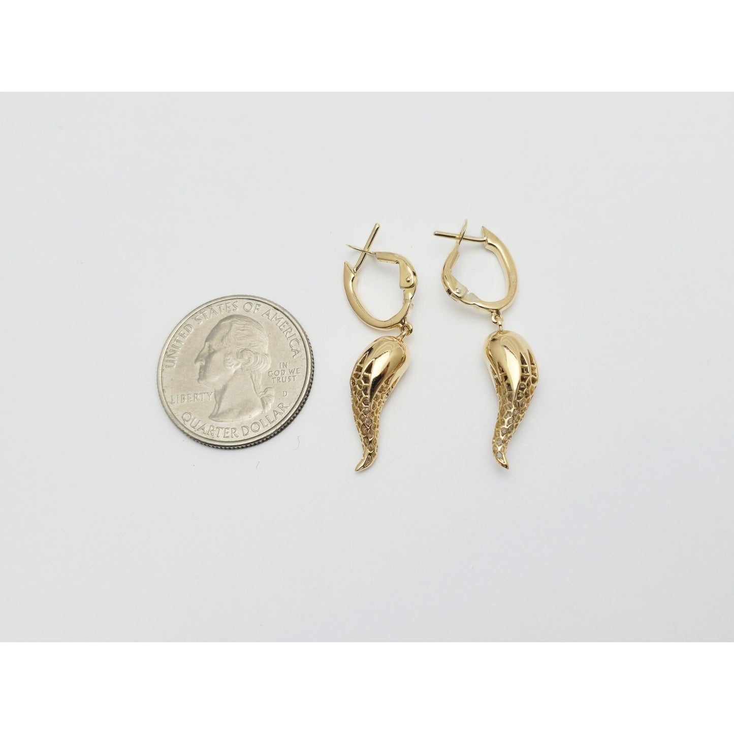18K Yellow Gold Italian Horn Drop Dangle French Clip Earrings