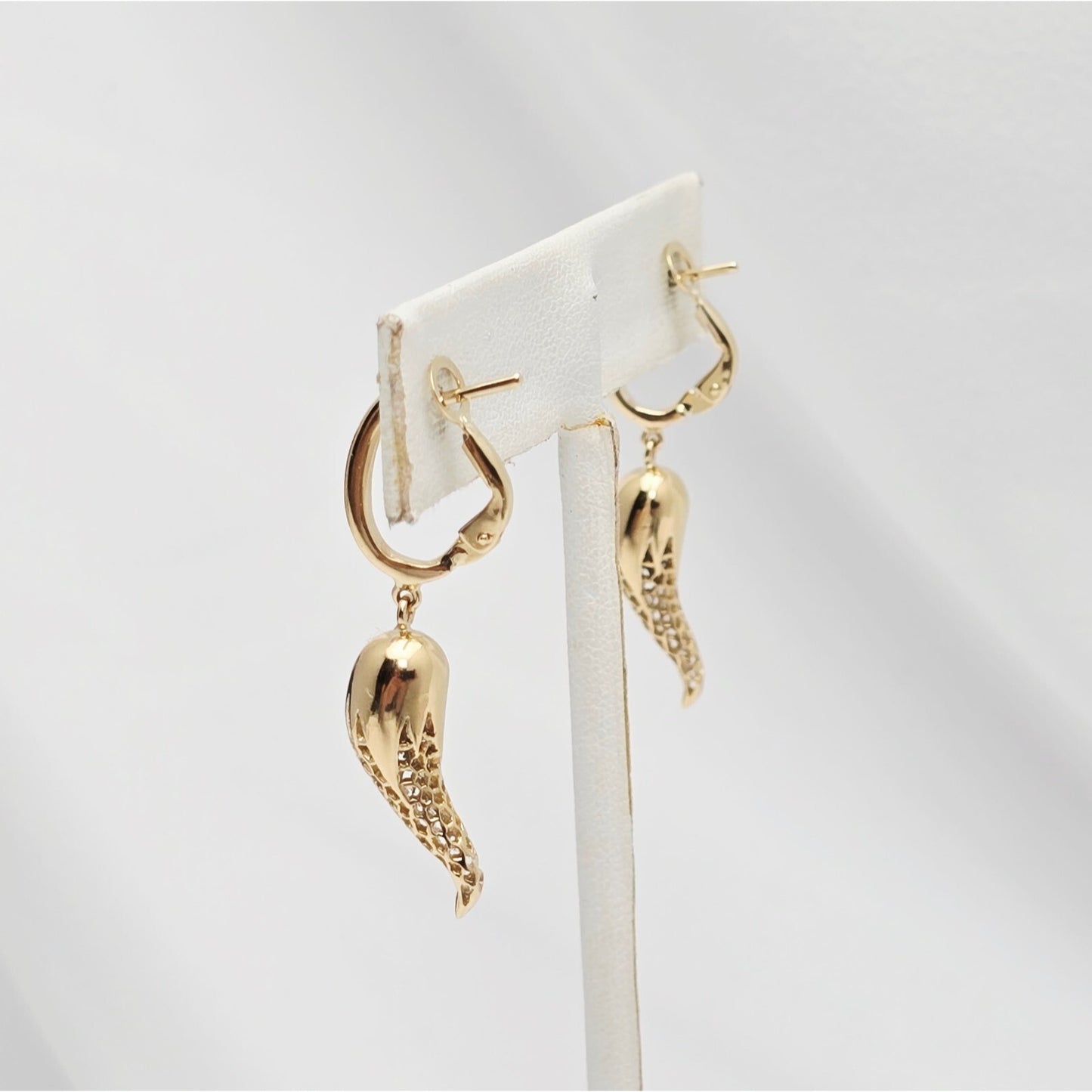 18K Yellow Gold Italian Horn Drop Dangle French Clip Earrings