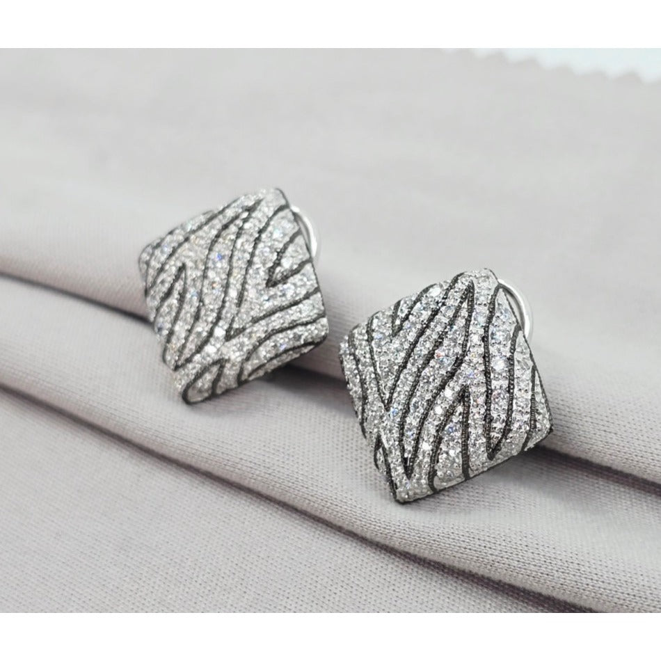 14K White Gold Zebra Pattern Diamond French Clip Earrings