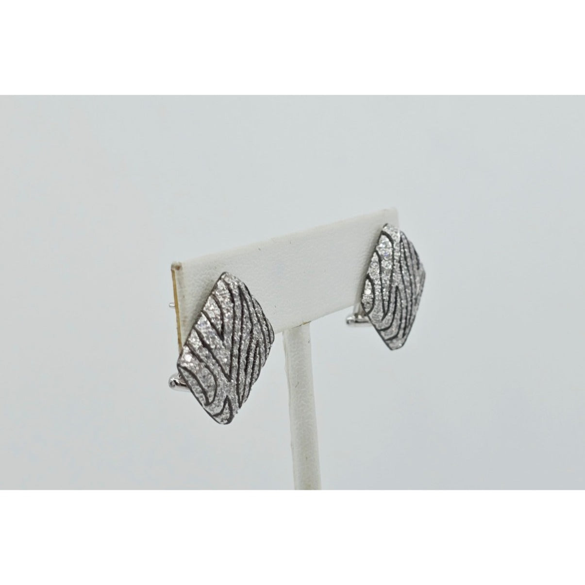 14K White Gold Zebra Pattern Diamond French Clip Earrings