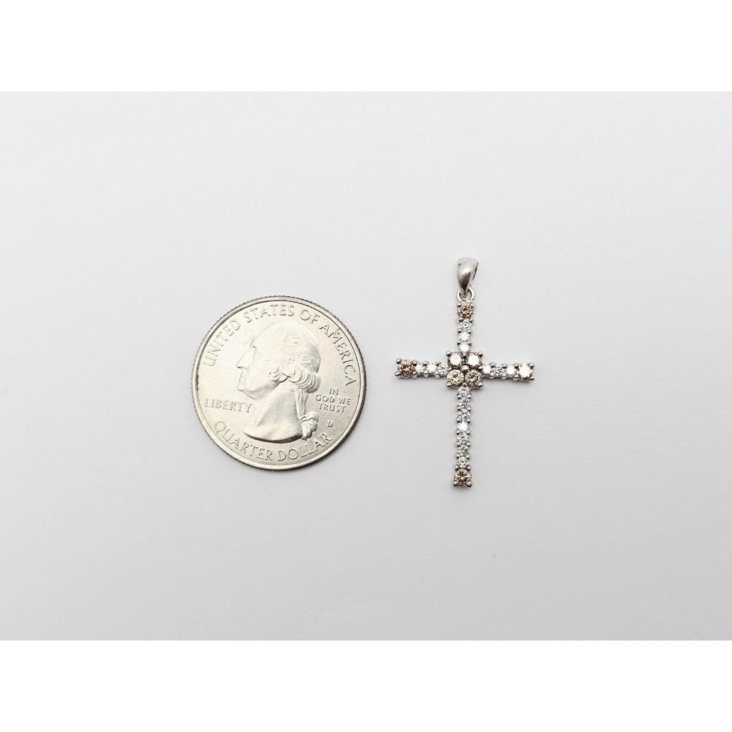 14K White Gold Brown & White Diamond Cross Pendant Charm