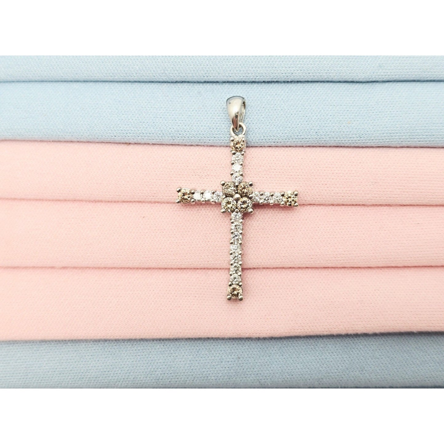 14K White Gold Brown & White Diamond Cross Pendant Charm