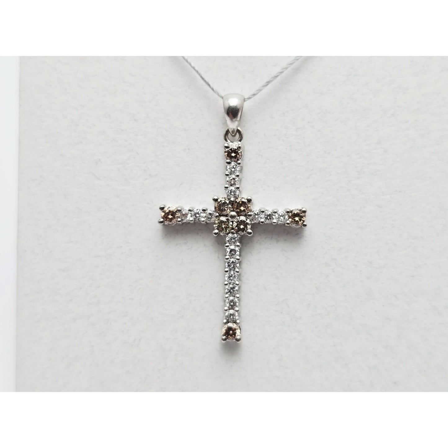 14K White Gold Brown & White Diamond Cross Pendant Charm
