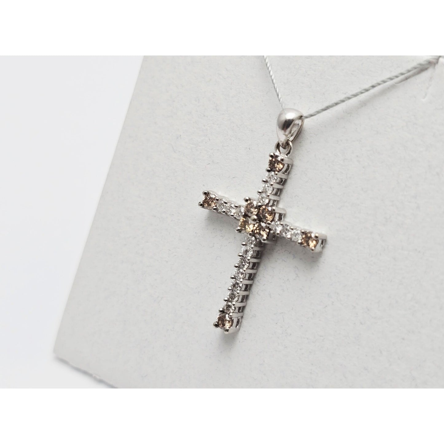 14K White Gold Brown & White Diamond Cross Pendant Charm