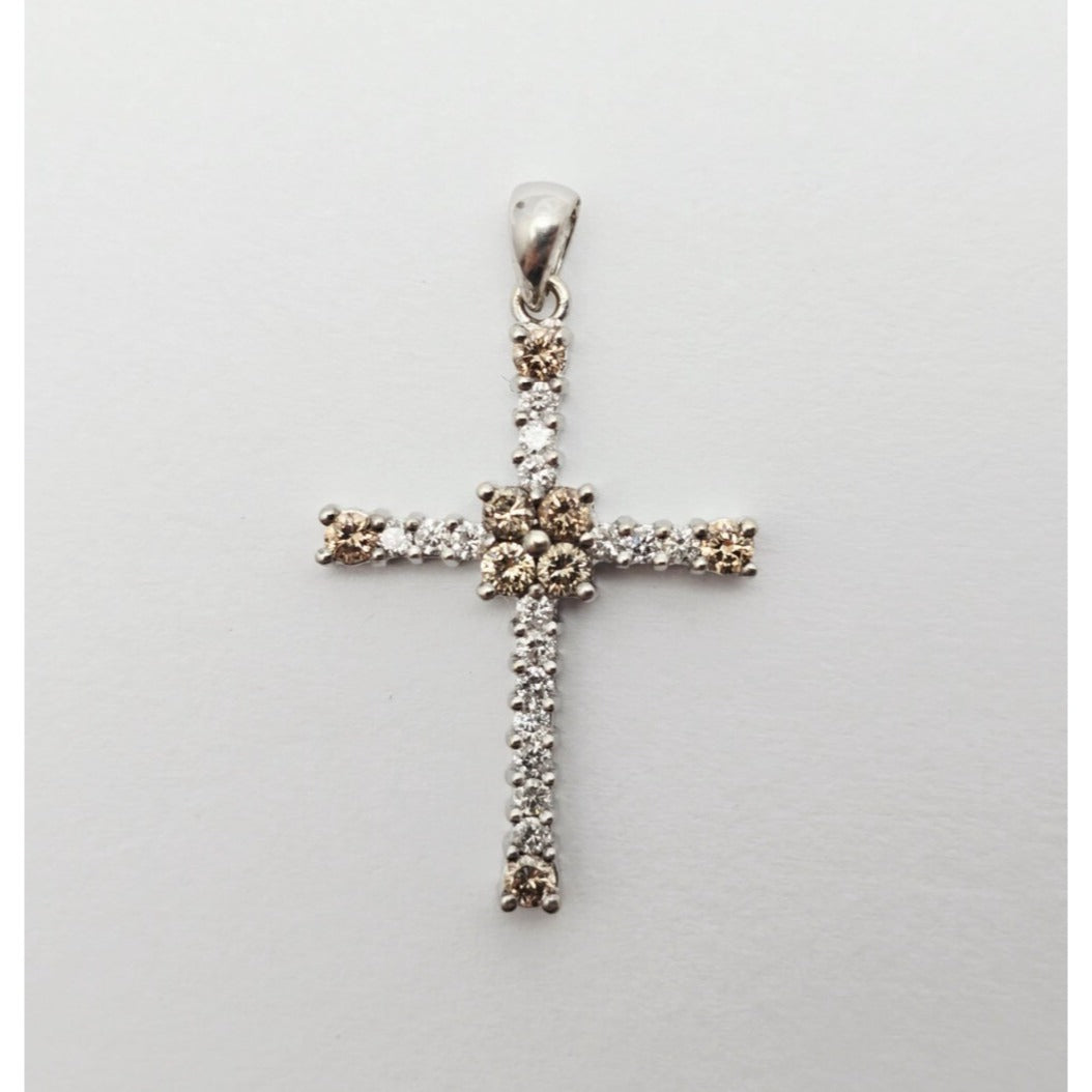 14K White Gold Brown & White Diamond Cross Pendant Charm