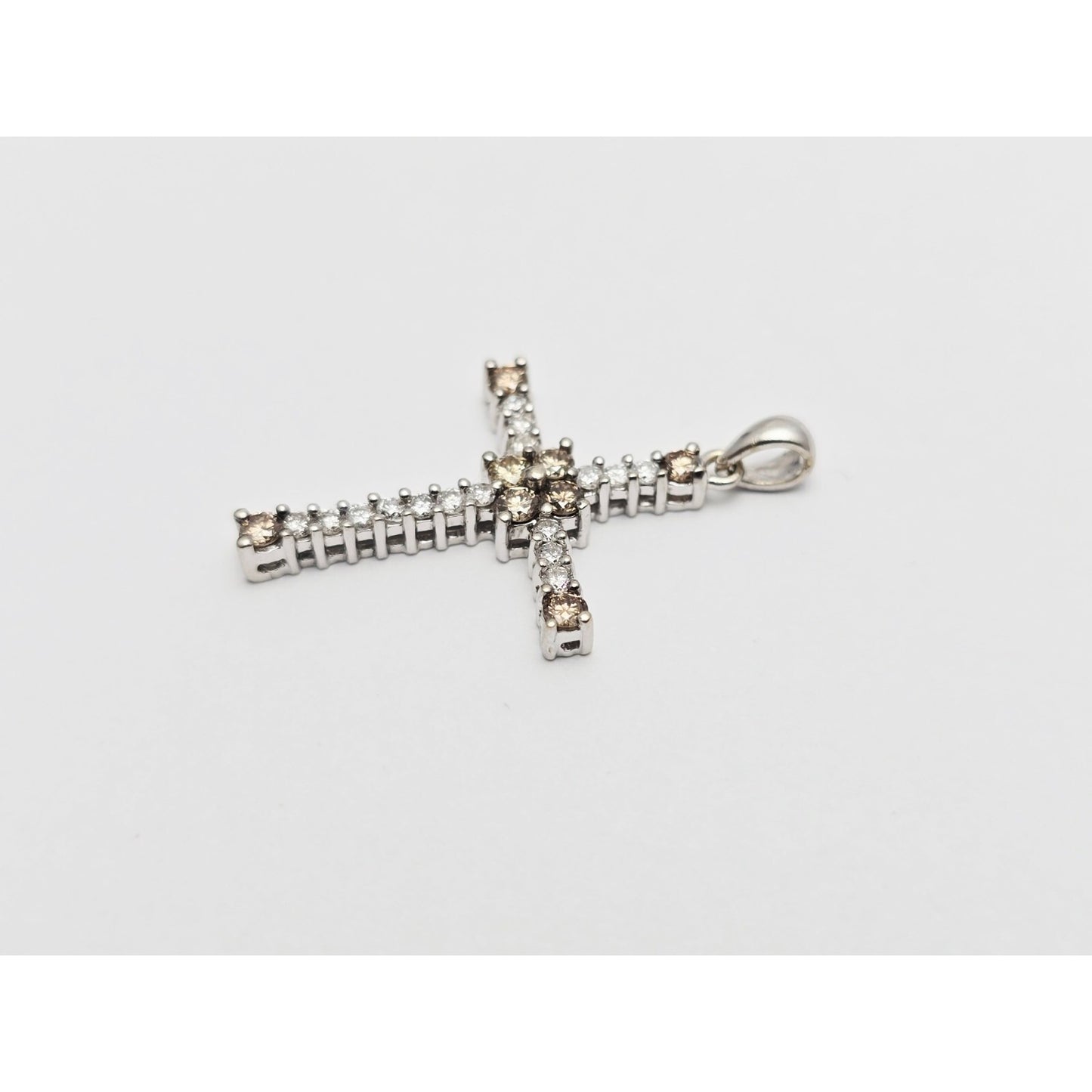 14K White Gold Brown & White Diamond Cross Pendant Charm