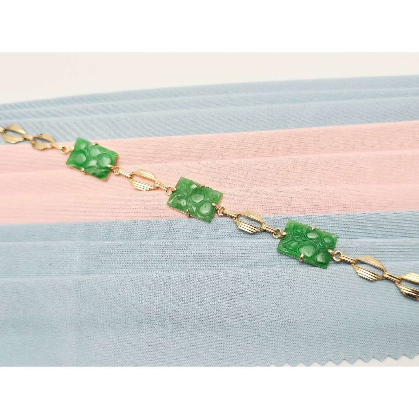 14K Yellow Gold Green Jadeite Jade Link Bracelet