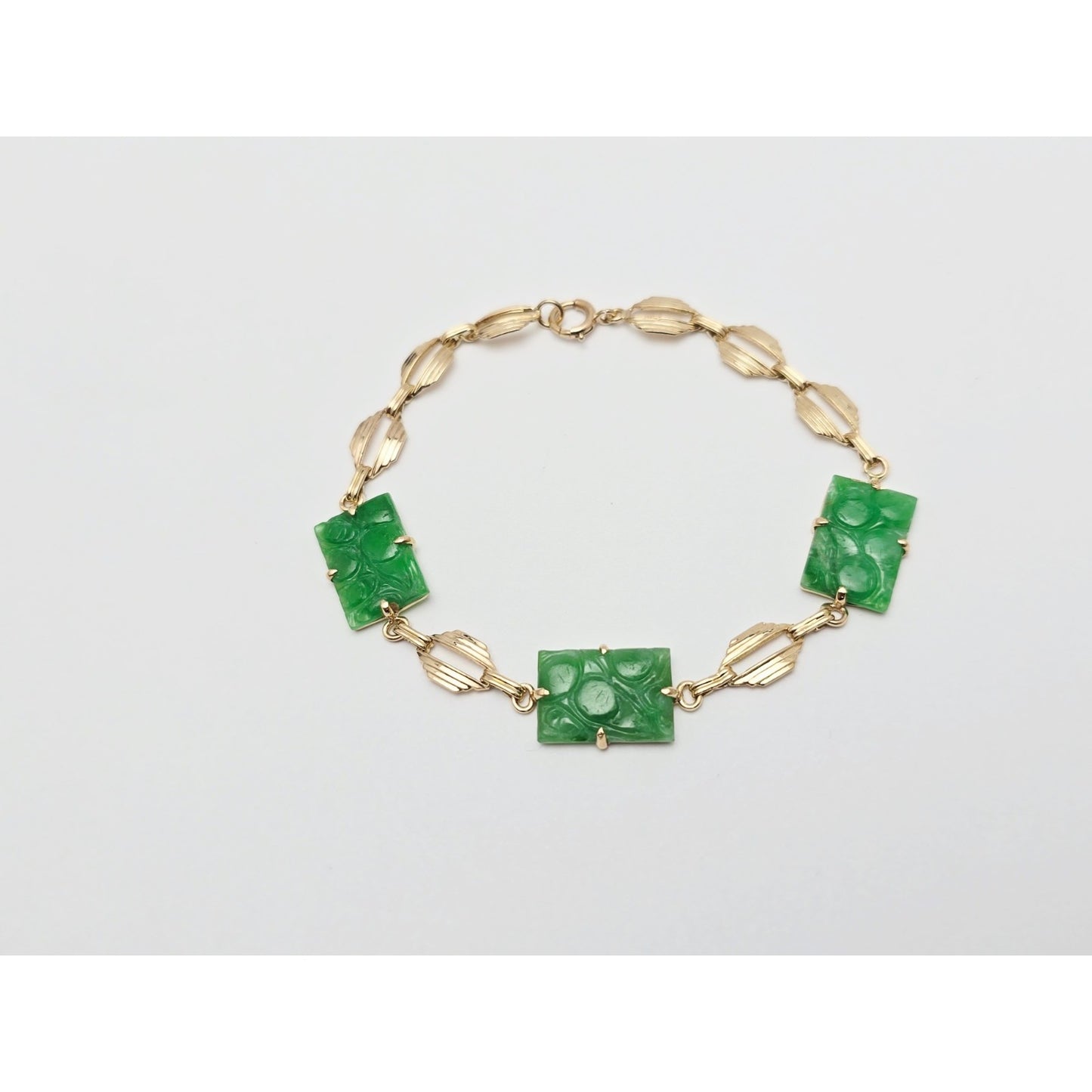 14K Yellow Gold Green Jadeite Jade Link Bracelet