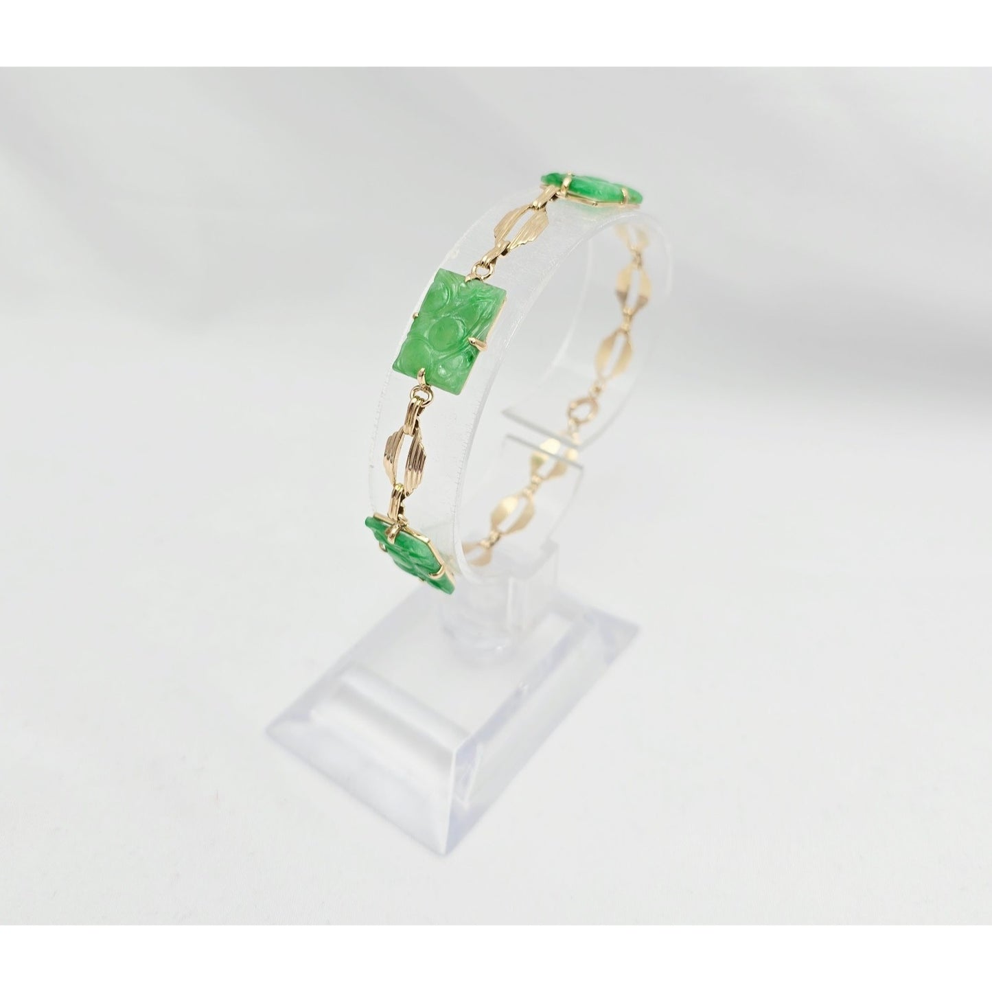 14K Yellow Gold Green Jadeite Jade Link Bracelet