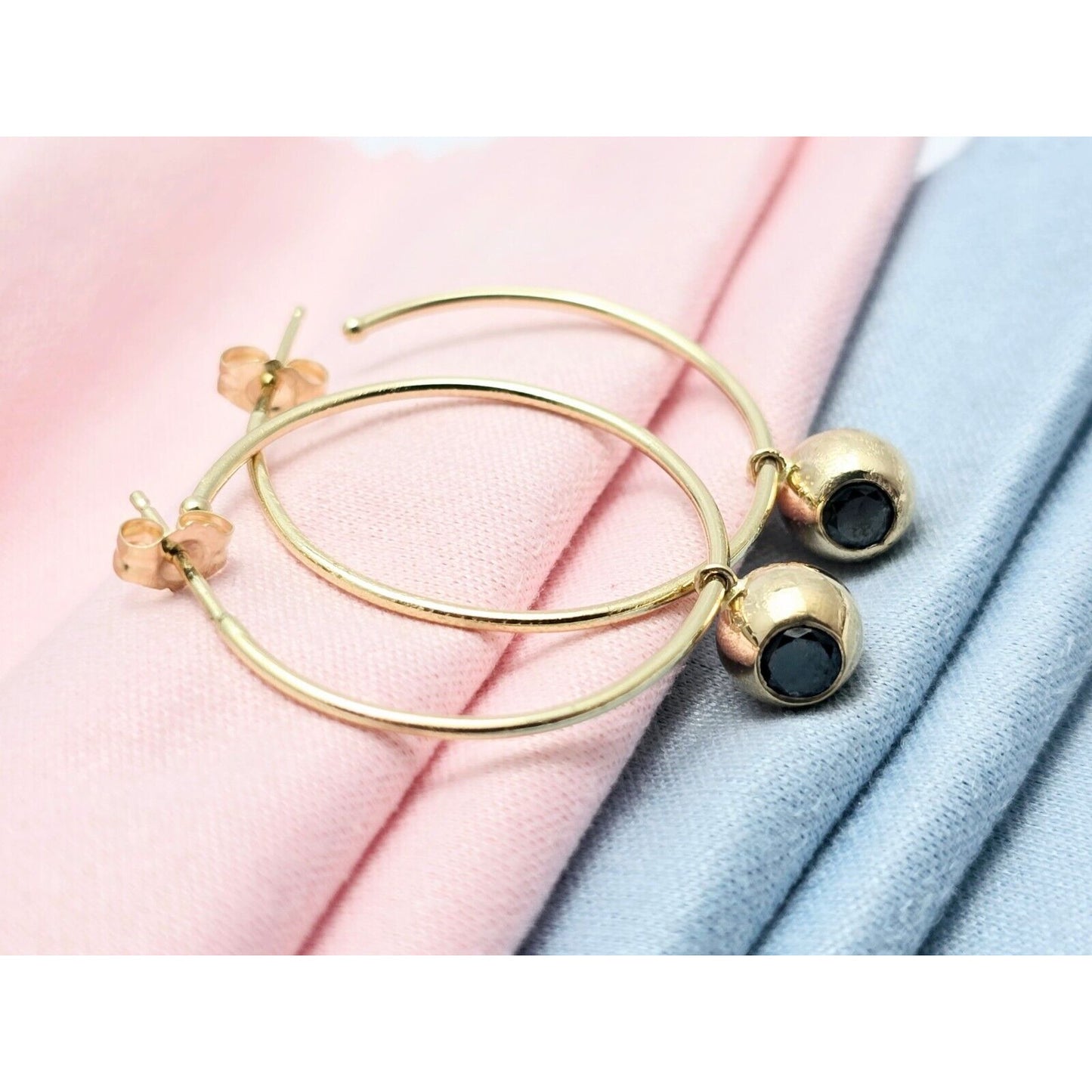 14K Yellow Gold Black Diamond Stud Hoop Earrings
