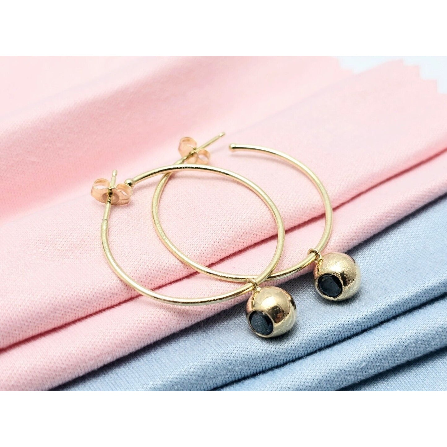 14K Yellow Gold Black Diamond Stud Hoop Earrings