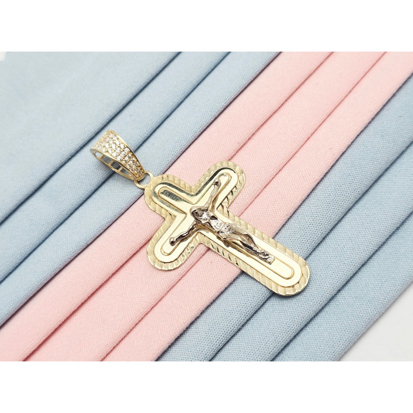 14K Two Tone Gold Jesus on Cross CZ Charm Pendant