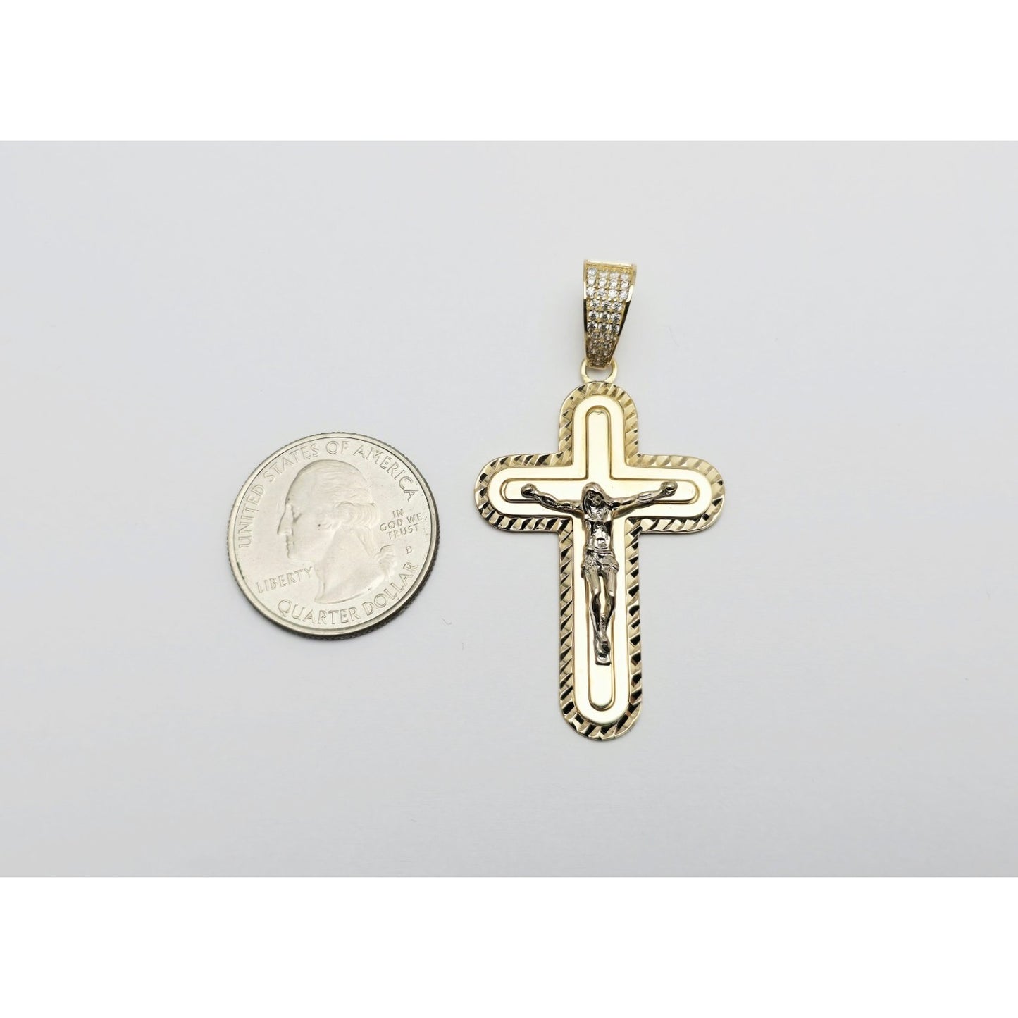 14K Two Tone Gold Jesus on Cross CZ Charm Pendant