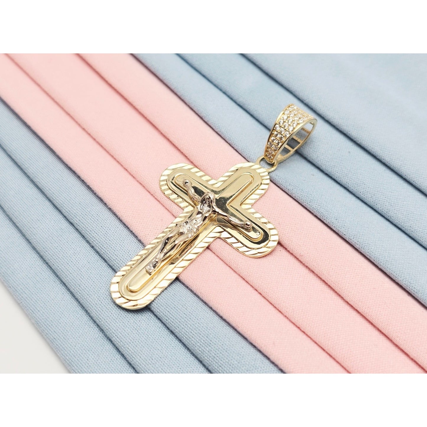 14K Two Tone Gold Jesus on Cross CZ Charm Pendant