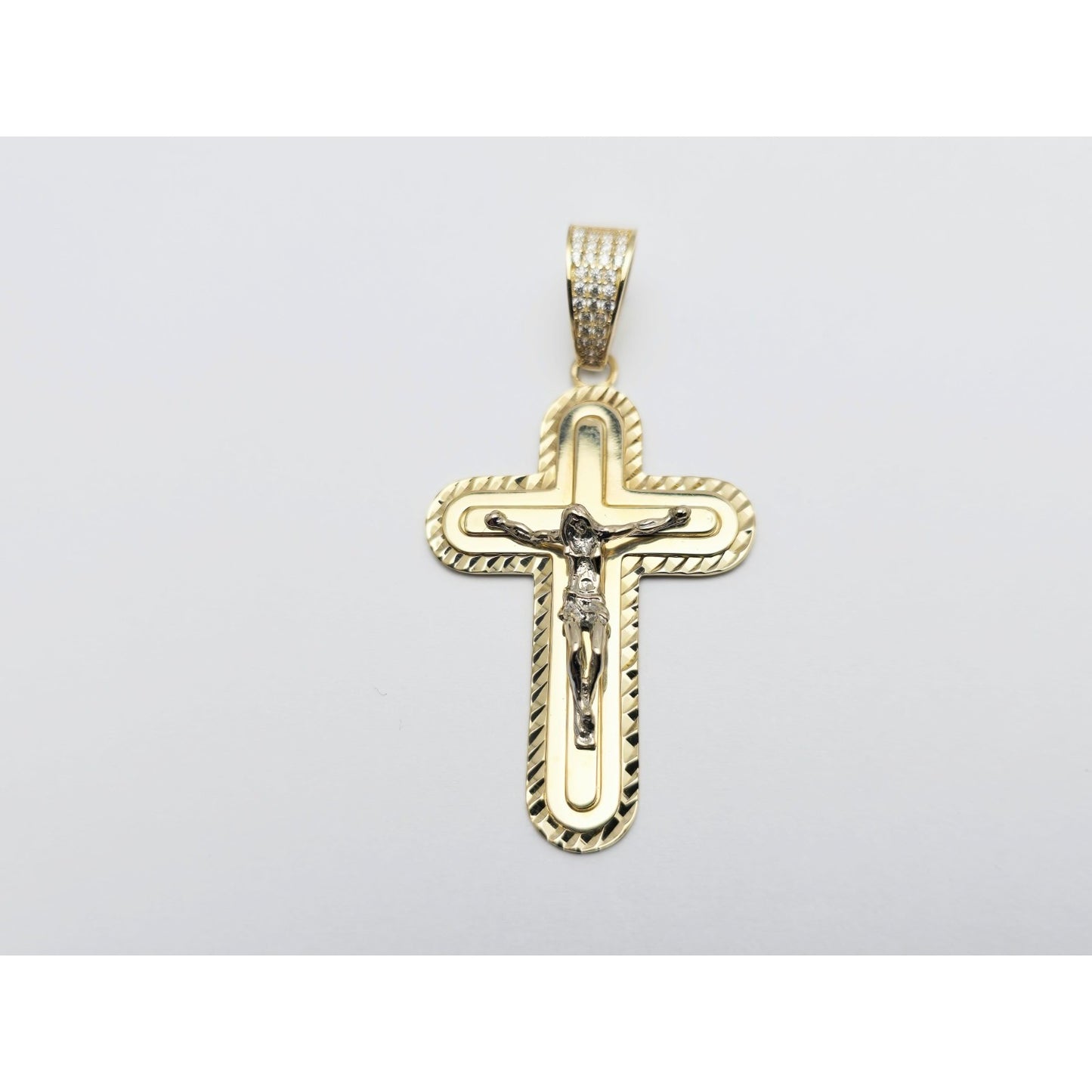 14K Two Tone Gold Jesus on Cross CZ Charm Pendant