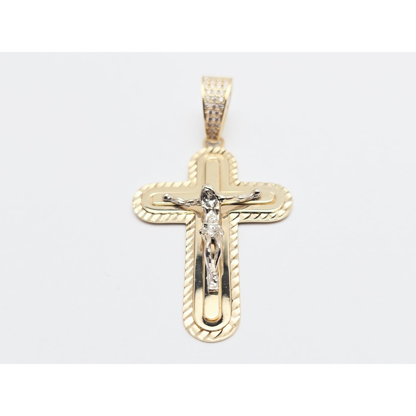 14K Two Tone Gold Jesus on Cross CZ Charm Pendant