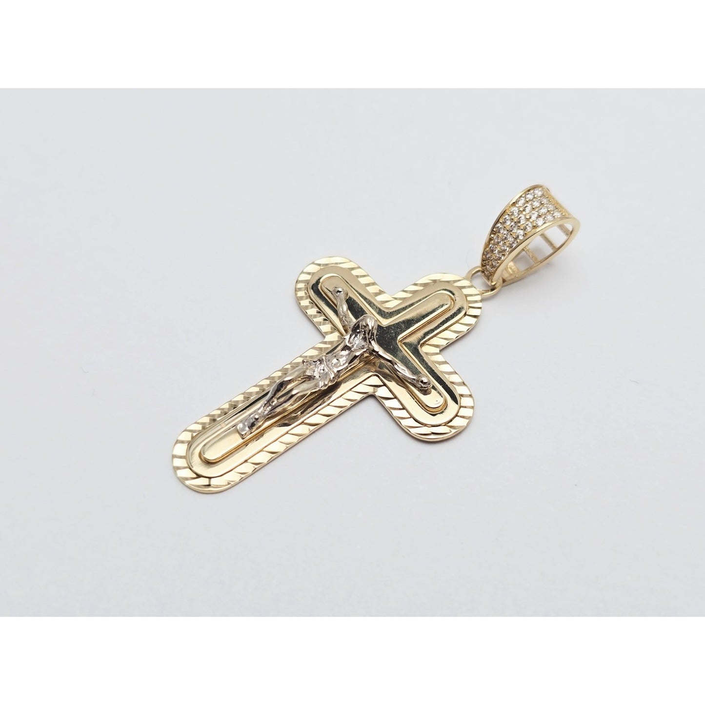 14K Two Tone Gold Jesus on Cross CZ Charm Pendant